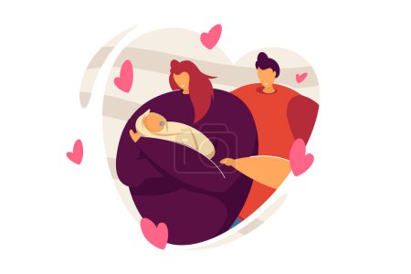 Illustration for Couple adoring baby. Loving family watching newborn. Two parents showing their affection to little child. Woman holding baby. Cute parenthood concept for banner, website design or landing web page - Royalty Free Image