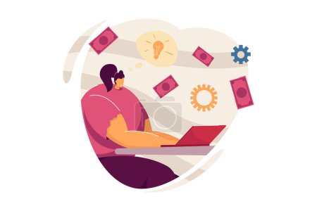 Illustration for Happy woman with idea investing money. Female character sitting at table with laptop flat vector illustration. Startup, investment, freelance concept for banner, website design or landing web page - Royalty Free Image