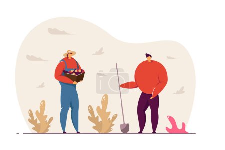 Illustration for Two women doing gardening vector illustration. Female gardeners at work, digging with spade, harvesting and storing vegetables. Outdoor activity concept for website design or landing page. - Royalty Free Image