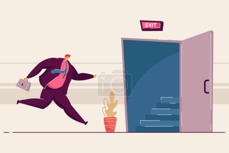 Illustration for Cartoon businessman running to opened exit door. Flat vector illustration. Worker escaping from office because of emergency situation or evacuation. Safety, fire escape, evacuation, business concept - Royalty Free Image