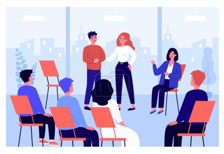 Illustration for Cartoon man sharing problems in group therapy. People sitting in circle and consulting with therapist flat vector illustration. Psychology, support, mental health concept for banner, website design - Royalty Free Image