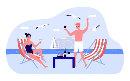 Glückliches junges Paar trinkt Wein am Strand. Freund und Freundin beim romantischen Abendessen am Meer. Sommer, Urlaub, Beziehungskonzept für Website-Design oder Landing Page