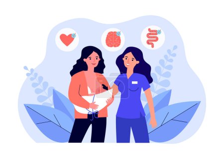 Illustration for Midwife and young mother breastfeeding her baby. Flat vector illustration. Newborn tested for healthy functioning of nervous, digestive, cardiac systems. Screening, health, childbirth concept - Royalty Free Image