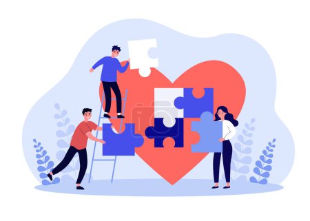 Tiny volunteers collecting puzzle near big heart. Team of volunteering people giving love flat vector illustration. Community donation, charity concept for banner, website design or landing web page