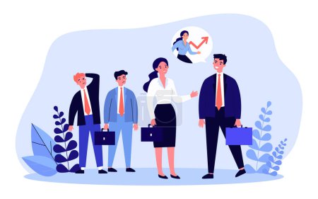 Illustration for Woman talking to her boss in front of her envious colleagues. Flat vector illustration. Businesswoman succeeding in business, leaving partners behind. Success, feminism, talent, career concept - Royalty Free Image