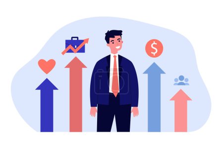 Illustration for Young businessman succeeding in all areas of his life. Flat vector illustration. Man standing in graphic representing personal, social, family, professional life. Well-being, life, success concept - Royalty Free Image