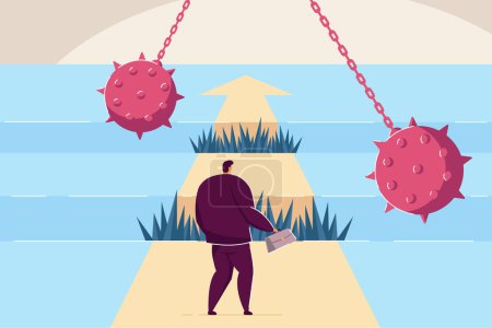 Illustration for Difficult path of businessman to success, full of obstacles. Flat vector illustration. Brave guy going on career track, making efforts, overcoming adversity. Business, ambition, competition concept - Royalty Free Image
