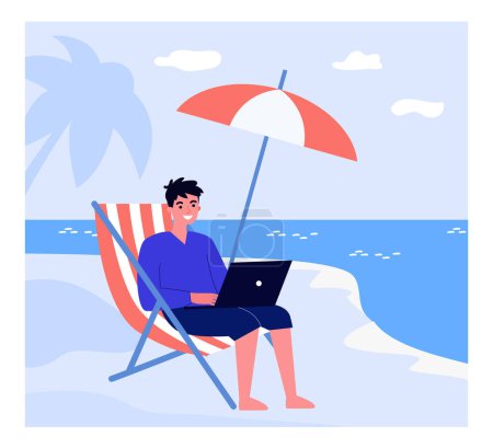 Illustration for Happy man working remotely at beach. Worker with laptop sitting on chair by sea flat vector illustration. Freelancing, remote work, vacation concept for banner, website design or landing web page - Royalty Free Image