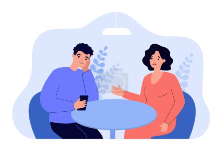 Husband with smartphone and ignoring his wife. Upset woman talking to her aloof partner who looking at phone. Cartoon vector illustration. Family problems, cool relationship, indifference concept