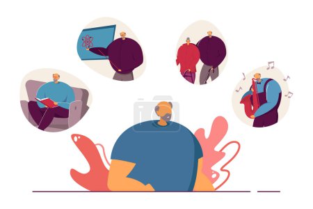 Illustration for Old man remembering past events of his life. Man thinking about his lover, career of scientist and hobby of playing saxophone. Memories concept for banner, website design or landing web page - Royalty Free Image