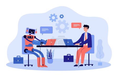 Roboter und Geschäftsmann arbeiten gemeinsam an Computern. Digitale Zukunftstechnologie, Automatisierung, Effizienz künstlicher Intelligenz, Personalkonzept für Banner, Landing Page