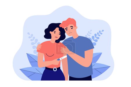 Illustration for Sad couple with negative pregnancy test vector illustration. Infertial woman and man dreaming about baby. Fertility problem, pregnancy, family concept for banner or landing page - Royalty Free Image