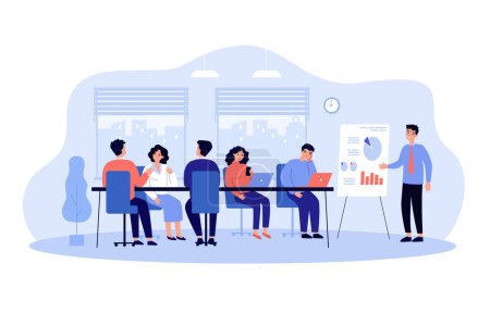 Illustration for Speaker making boring presentation in office. Male manager character giving lecture with whiteboard to tiresome audience. Cartoon vector illustration. Meeting, training, team concept - Royalty Free Image