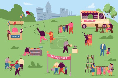 Tiny people taking rest at garage sale in city park. Flat vector illustration. Summer fair or festival event with sellers, crowd of citizens. Family marketplace, business community, selling concept