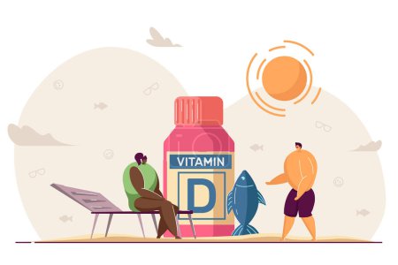 Illustration for Tiny people with sources of vitamin D. Cartoon characters taking supplements for good health and skin flat vector illustration. Food, wellbeing concept for banner, website design or landing web page - Royalty Free Image