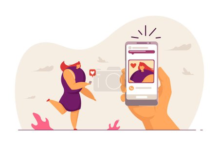 Illustration for Woman getting notification about like on application. Female character checking phone, hand with mobile liking post flat vector illustration. Social media, app concept for banner, website design - Royalty Free Image