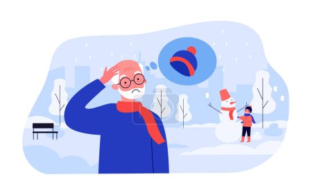 Elderly man freezing without hat in winter street. Flat vector illustration. Old man standing outdoors, remembering hat, boy making snowman in background. Winter, cold, hat, memory, trouble concept