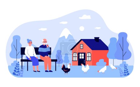 Grandfather and grandmother sitting on bench in backyard. Flat vector illustration. Elderly couple looking at hens grazing on grass. Nature, household, retirement, family, village concept