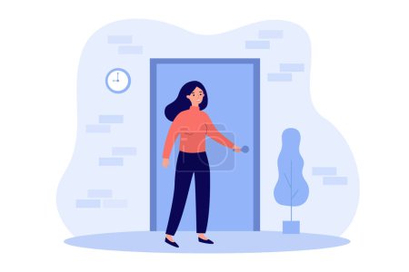 Illustration for Person holding handle and opening apartment door. Woman entering into house or office. Flat vector illustration for entrance, home, exit, challenge, opportunity concept - Royalty Free Image