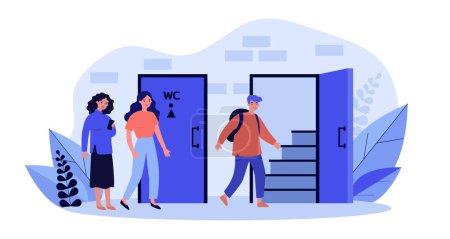 Illustration for Queue to men and women restrooms. Flat vector illustration. Women waiting at door while man entering public toilet. Hygiene, need, gender concept for banner design or landing page - Royalty Free Image
