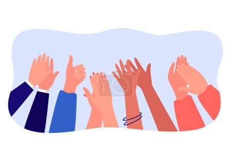 Cartoon verschiedene Menschen Hände applaudieren flache Vektorillustration. Multinationales Publikum, das Wertschätzung und Respekt ausdrückt und Sieg oder Triumph symbolisiert. Feiern, Erfolg, Brauchtumskonzept
