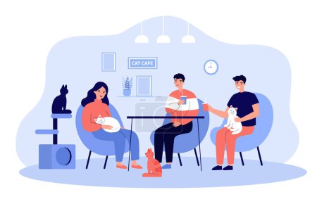 Illustration for Cartoon people at cat cafe flat vector illustration. Scene with happy young couple and guy sitting at table, drinking lemonade, watching and fondling cute couching pets. Animal friendly, pets concept - Royalty Free Image