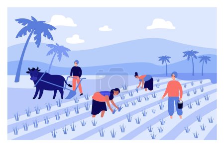 Illustration for Cartoon people working on Indian farm flat vector illustration. Indian male and female farmers in paddy field tilling the ground surrounded by palms of village. India, farm, agriculture concept - Royalty Free Image