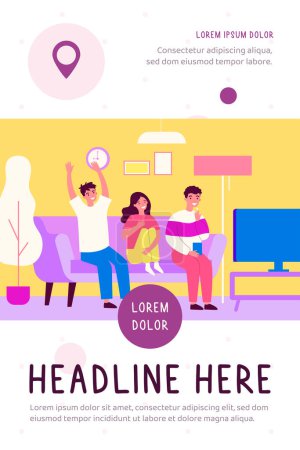Illustration for Cheerful friends watching TV. Football fans, match, interior flat vector illustration. TV show, leisure, friendship concept for banner, website design or landing web page - Royalty Free Image