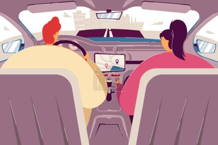 Illustration for Driver and passenger using navigation app inside car. Backseat view of couple driving and riding vehicle, going along road to city. Vector illustration for driving application, travel, taxi concept - Royalty Free Image