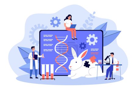 Illustration for Genetic engineering researcher scientist group. Man and woman researchers and experiment with animal dna and gen. Future medicine, biology, zoology and genetic. Flat colorful vector illustration - Royalty Free Image