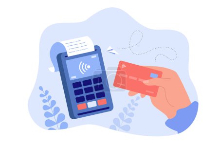 Illustration for Hand holding debit or credit card for payment flat vector illustration. Cartoon unrecognizable buyer paying on contactless terminal. Digital transaction and wireless transfer concept - Royalty Free Image
