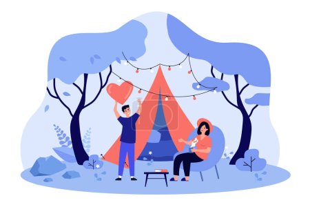 Illustration for Happy couple dating and glamping outdoors flat vector illustration. Two cartoon characters camping on nature. Holiday with accommodation and country trip concept - Royalty Free Image