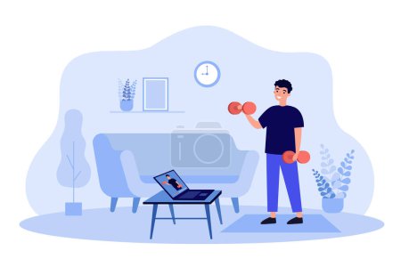 Illustration for Happy man watching online sport webinar and doing exercises at home, lifting weight at laptop, keeping fit during coronavirus lockdown. For active lifestyle, virtual gym concept - Royalty Free Image