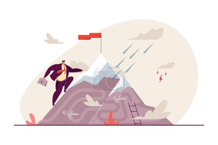 Illustration for Office worker reaching mountain top with flag. Man achieving goal, perseverance flat vector illustration. Challenge, belief, effort, ambition concept for banner, website design or landing web page - Royalty Free Image