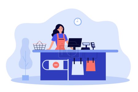 Illustration for Supermarket female cashier working at checkout. Cash register worker standing at counter, waiting customers. Vector illustration for shopping, job, buying food concept - Royalty Free Image