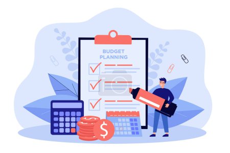 Illustration for Tiny person planning budget. Man calculating tax and expenses, making financial checklist. Vector illustration for finance management, business plan concept - Royalty Free Image