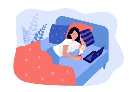 Illustration for Woman relaxing in her bed, drinking coffee, hot tea, cocoa, using laptop, watching movie in cozy bedroom. For Sunday, weekend, leisure at home concept - Royalty Free Image