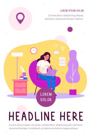 Illustration for Woman with laptop working at home. Female freelancer sitting in armchair and using computer. Flat vector illustration for home office, cozy interior, communication concept - Royalty Free Image