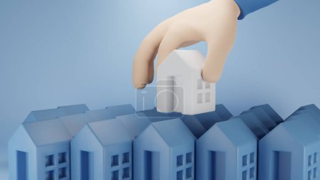 Photo for 3d rendering.The man used his hand to pick up the white model house from the model house archives. The concept of choosing a home investment. - Royalty Free Image