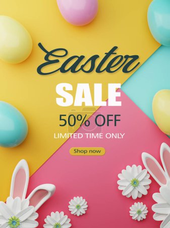 Easter Sale Illustration with Color Painted Egg, Spring Flower and Rabbit Ears on Colorful Background. Holiday Design Template for Coupon, Banner, Voucher or Promotional Poster. 3d rendering.