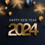 Happy new year 2024 gold numbers with balloon and Fireworks on blue background