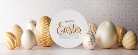 Feliz diseño de banner de Pascua. huevos de oro realistas 3d con marco de círculo blanco. renderizado 3d.