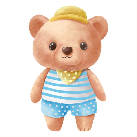 Baby bear in beach wear with hat. watercolor paint, clipping path.