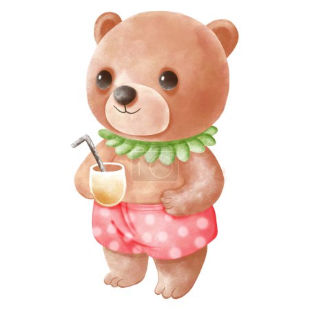 Babybär im Inselkostüm hält ein Glas Saft in der Hand. Aquarellfarbe, Schneideweg.
