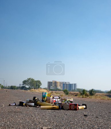 Photo for A closeup photograph of used firecrackers in Darwin city, taken on the morning after firecracker night celebrating Territory Day - Royalty Free Image