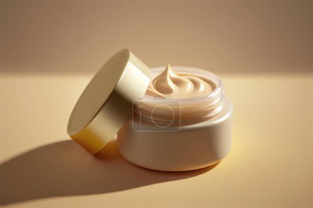 Foto de Crema cosmética en un frasco sobre fondo beige con sombras. Concepto de belleza minimalista. - Imagen libre de derechos