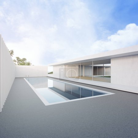 Téléchargez les photos : House with concrete floor terrace near swimming pool. 3d rendering of modern home and sea view background. - en image libre de droit