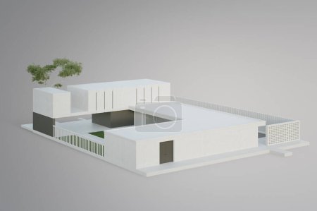 Photo for Simple house on white floor in isometric view. 3d rendering of exterior residential building. - Royalty Free Image