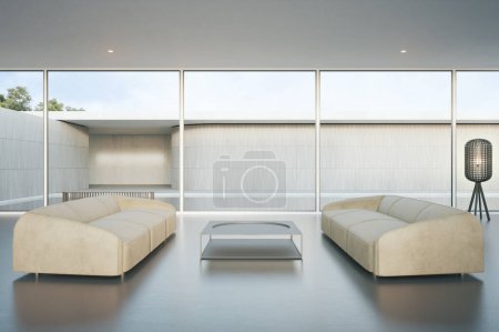 Foto de Diseño de interiores 3D representación de la sala de estar moderna. Sofá con fondo de ventana de vidrio. - Imagen libre de derechos