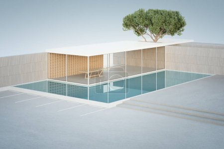 Foto de House with concrete floor terrace near swimming pool. 3d rendering of modern building and blue sky background. - Imagen libre de derechos
